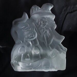 Thick Frosted glass witch scene Tea Light/votive candle holder. Glows When Lit.